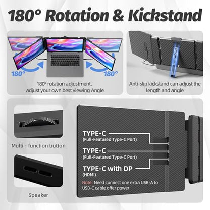 KOJOM 2K Laptop Screen Extender - 13" IPS 1440P Triple Screen Laptop Monitor Extender Plug & Play Multi Screen Attachment for 13"-17" Laptops Compatible with Wins Mac Dex Chrome Travel Gaming Work