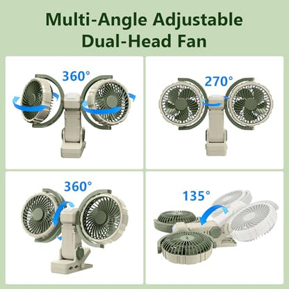 Dual Head Clip on Fan Battery Powered with Light,Portable USB Rechargeable Powerful Desk Table Fans,360°Rotatable Cooling Clamp Fans for Stroller,Car,Golf Cart,Treadmill,Outdoor Camping(Light Green) - color: Green