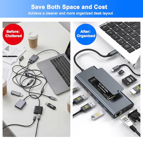 USB C Dock with M.2 NVMe SSD Enclosure, 10Gbps M.2 NVMe SSD Docking Station, USB C Hub with SSD Slot, Laptop Docking Station with 4K HDMI/PD100W/USB 3.2 Gen2/VGA/Gigabit LAN/SD/TF Card Reader