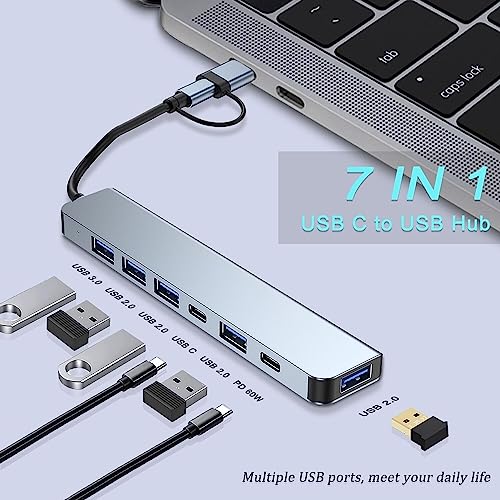 Aluminum USB C & USB Hub 7-in-1 with USB 3.0, USB-C Ports for PC/Laptops/MacBook Pro/Air/iMac/iPad and More Devices