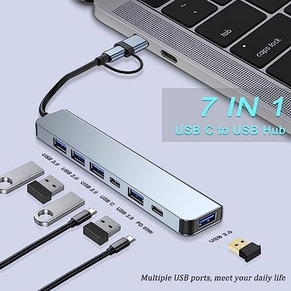 Aluminum USB C & USB Hub 7-in-1 with USB 3.0, USB-C Ports for PC/Laptops/MacBook Pro/Air/iMac/iPad and More Devices