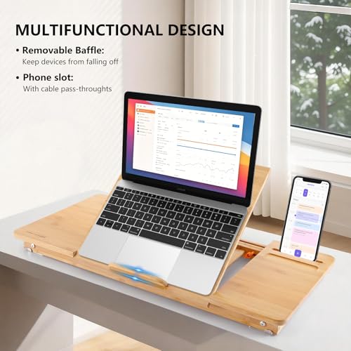 Laptop Desk Nnewvante Bamboo Lap Desk, Adjustable Bed Tray, Large Size | 7 Tilting Top Angles, 4 Heights, Drawer & Phone Slot, Foldable Serving Tray Breakfast Table 27.95" x 13.8" - color: Bamboo