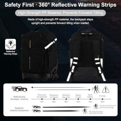 NEW TILAMI 18 Inch Expandable Rolling Backpack Stair-Climbing for School | 6-Wheel Stair-Climbing Girls Boys Carry-on Suitcase 15.6 Laptop Sleeve Water-Resistant Adjustable Handle Wheel Travel Camping - color: Black