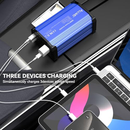 ALLWEI 300W Car Power Inverter, DC 12V to 110V AC Converter Car Plug Adapter Outlet with 27W PD USB-C & 18W USB-A Fast Charge, Car Cigarette Lighter Car Charger for Phone, Laptop on Road Trip -Blue - color: PD27W-Blue