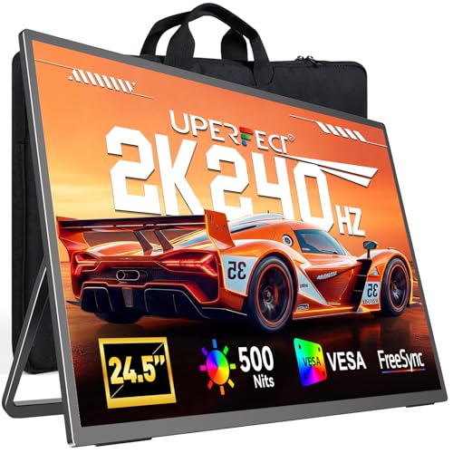UPERFECT 24.5" 2K 240Hz Portable Monitor, 2560×1440 QHD Gaming Display | 0.1ms Response, 500 Nits, HDR, HDMI 2.1 & DP 1.4, VESA Support, Stand Included, Portable Gaming Screen for Laptop & Console - size: 24.5