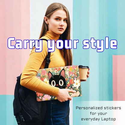 Universal Laptop Skin Sticker Decal, Compatible with MacBook HP Dell Lenovo 12"-15.6", Reusable Vinyl Notebook Cover 3PCS Set, High-Recognition Film-Black Cat in Florals - color: Black Cat in Florals