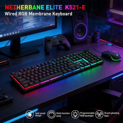 Redragon K521-E Gaming Keyboard with Knob, RGB 104 Keys Wired Keyboard | Mechanical Feeling Keyboard, 12 Multimedia Keys, Anti-Ghosting, Programmable Software, Compatible with PC, PS4/5, Xbox - color: Matte Black