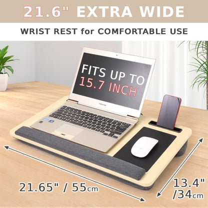 Japard Laptop Lap Desk with Mousepad, Cushion, Wide 21", Fits up to 15.6 inch, Portable Handle, Tablet Pen Phone Holder Wood Natural Home Office Gift