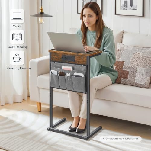 HOOBRO C Shaped End Table with Charging Station, 28" H Couch Side Table Slide Under, Sofa Arm Tray Table with Storage Bag for Living Room, Recliner, Rustic Brown BF70USF01 - color: Rustic Brown