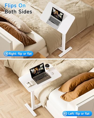 BIZUM Mobile Standing Desk Laptop Desk Pneumatic with Wheels 180° Tilt Top Hospital Bed Table Portable Rolling Cart Foldable Bedside Table for Hospital&Home Use, White - color: White