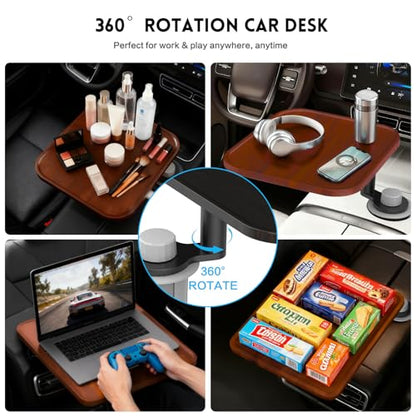 360° Rotation Car Desk for Laptop, Height-Adjustable Cup Holder Table, Wooden Car Food Tray & Laptop Mount Compatible with Tesla Model Y/3/S, Ford F150/Explorer/Maverick & Most Vehicles (Warm Walnut)