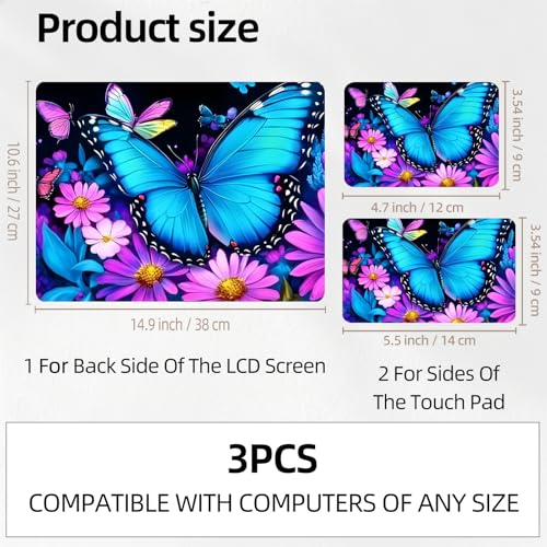 Neon Butterfly Purple Bloom Universal Laptop Skin Sticker 3PCS, Protective Decal Trim-to-Fit 11.6" 13.3" 14" 15.6" Laptop Vinyl Cover, Removable Anti-Scratch Computer Decal Protector - color: Neon Butterfly Purple Bloom