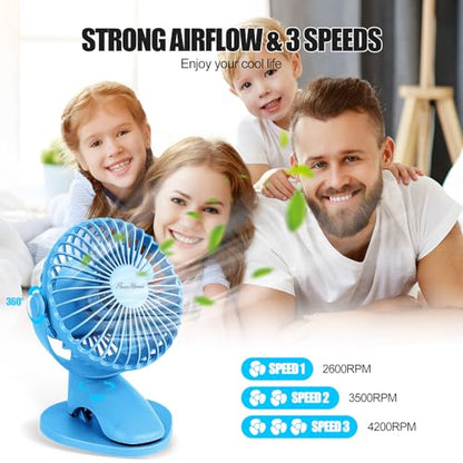 Portable Clip Fan Battery Operated,3 Speeds USB Rechargeable Mini Table Fan with Strong Airflow,360°Rotation Ultra Quiet Personal Desk Fan for Home Office Bedroom Dorm Stroller Camping - Blue - color: Blue