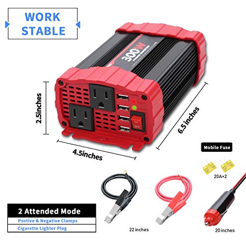 BYGD 300W Car Power Inverter, DC 12V to 110V AC Vehicle Plug Adapter Converter with 4 USB Quick Charging Ports and Dual AC Outlets Car Charger Equipped Cigarette Lighter Cable and Battery Clamps Red - size: 300W