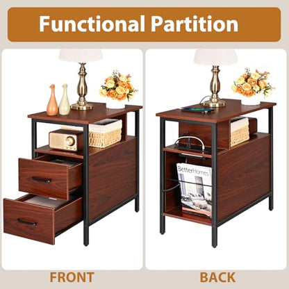 Narrow Side Tables with Charging Station, Narrow End Table with Wooden Drawers, USB Ports and Power Outlets, Nightstand and Bedside Table for Bedroom, End Tables Living Room, Espresso - color: Espresso