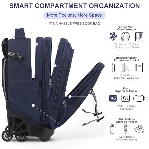 NEW TILAMI 18 Inch Expandable Rolling Backpack Stair-Climbing for School | 6-Wheel Stair-Climbing Girls Boys Carry-on Suitcase 15.6 Laptop Sleeve Water-Resistant Adjustable Handle Wheel Travel Camping - color: Navy Blue