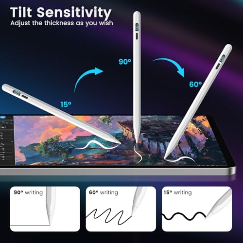 Pencil for iPad 2026-2018, LED Display Fast Charge Stylus Pen | Palm Rejection,Tilt Sensitivity, Compatible for iPad A16 11/10/9/8/7/6, Pro 11"/12.9"/13''/M4, Air M3/M2/5/4/3, Mini 7/6/5 - color: Silver White