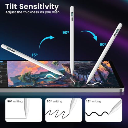 Pencil for iPad 2026-2018, LED Display Fast Charge Stylus Pen | Palm Rejection,Tilt Sensitivity, Compatible for iPad A16 11/10/9/8/7/6, Pro 11"/12.9"/13''/M4, Air M3/M2/5/4/3, Mini 7/6/5 - color: Silver White