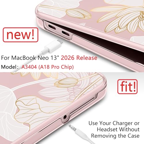 Batianda Case for MacBook Neo 13 Inch 2026 Model A3404, Gold Lotus | 4-in-1 Laptop Accessories Bundle with Golden Lotus Line Art, Ultra Slim Hard Shell for Elegant Minimal Style Users - color: Gold Lotus