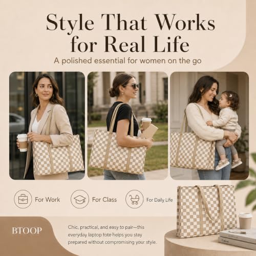 BTOOP Work Tote Bag for Women, Laptop Tote Bag With 15.6 Inch Padded Compartment, Teacher Nurse Bible Bags - color: B-checkered Brown