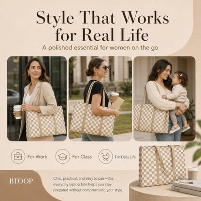 BTOOP Work Tote Bag for Women, Laptop Tote Bag With 15.6 Inch Padded Compartment, Teacher Nurse Bible Bags - color: B-checkered Brown