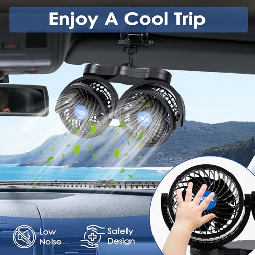 XOOL Clip Car Fan, Adjustable Dual Head 4 Inches 12V Fan for Front/Rear Seat Passenger, 360° Rotatable Electric Car Cooling Fans with Stepless Speed Regulation for SUV, RV, Vehicles - size: Cigarette Dual Fan - Clip