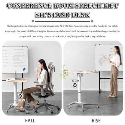 Height Adjustable Desk Conference Room Lift Speech Sit Stand Desk, School Mobile Podium with Rollers, Foldable Tilting Desktop Side Table, Fixed Slot and Fence(Natural) - color: Natural