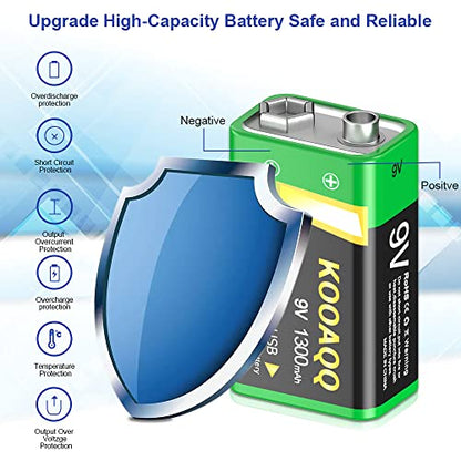 8-Pack Rechargeable 9v Batteries, USB-C Recharge 1300mAh 9 Volt Lithium-ion Long Lasting Power for SmokAlarms, Microphones, Multimeters, Walkie-Talkie, Metal Detector, Toys, with 2 in 1 Charging Cable - size: 8-Pack