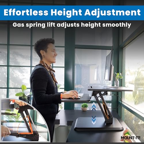 Mount-It! Standing Desk Converter, Compact 25" Sit Stand Desk Riser with Gas Spring Lift, Adjustable Height Desktop Riser for Laptop, Monitor, and Keyboard, Small Home Office Desk Converter - size: 25 " Width