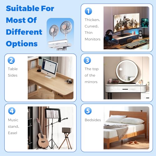 Clip Fan USB-Powered Cooling Fan with LED Light Bar Glacier Silver | Space-Saving Personal fan for Monitor/Laptop/Flat/Bedside/Bookshelf/Music Stand/Reading Stand - color: Glacier Silver