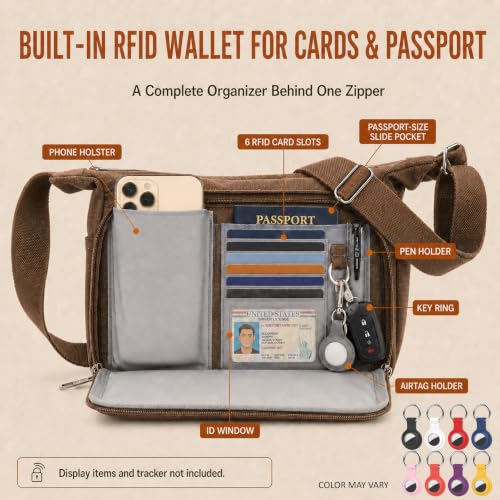 Rfid Crossbody Messenger Bag with Water Bottle Holders, 13 inch Laptop Shoulder Bag, Sling Satchel Purse w/Built-in Wallet - color: Brown