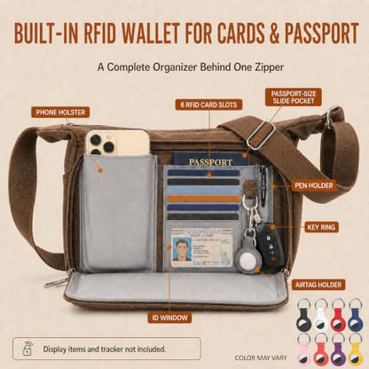 Rfid Crossbody Messenger Bag with Water Bottle Holders, 13 inch Laptop Shoulder Bag, Sling Satchel Purse w/Built-in Wallet - color: Brown