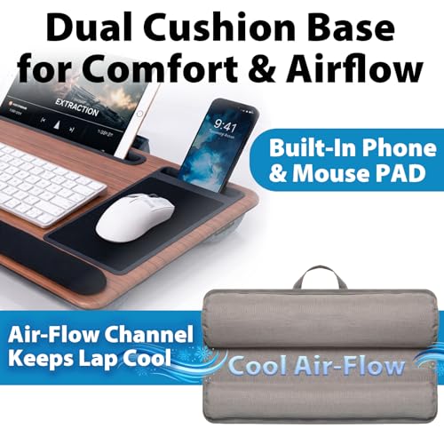 Cyberguys Comfort Lap Desk for Laptop up to 15.6 in – Black with Saddletan Wood Overlay with Mouse Pad, Phone & Tablet Slot, Dual Cushion Base, Wrist Rest & Carry Handle for Bed Desk Couch Sofa - color: Black With Saddletan Wood Overlay