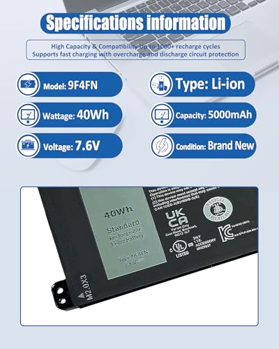 40Wh 9F4FN Battery Replacement for Dell Latitude 7320 Detachable Inspiron 14 3420 Series 09F4FN 2VKW9 8PK6G - size: 11.35*3.50*0.11 inch 9F4FN