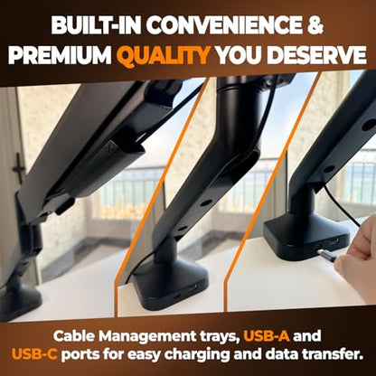 Elevate Pro - Heavy-Duty Standing Laptop Mount for Desk (11"-17.3" - max. 26lbs) Fully Adjustable Gas Spring Arm Stand - Clamp & Grommet Base - Steel Plates for Desk Protection & Stability
