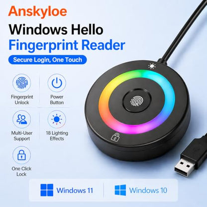 USB Fingerprint Reader for Windows Hello | PC Power Button, RGB Lighting, One-Click Lock, Auto Driver Install, 5ft Extension Cable