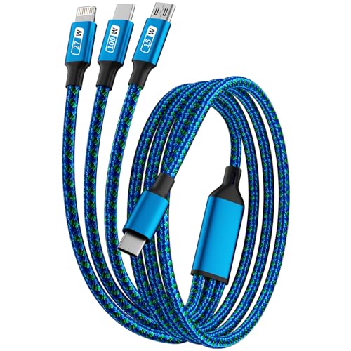 100W 3 in 1 Multi Charging Cable USB C Fast Charger Cord 5FT | Supports Up to 100W USB C PD Fast Charging with USB C, IP, and Micro USB Connectors Plus an E Marker Chip for Safe Charging - color: USB C-Blue_Green-1Pack