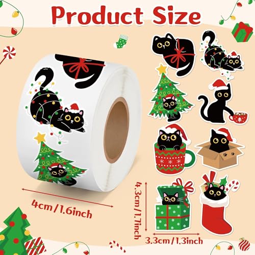CNhoqc Christmas Black Cat Stickers - 2000 Pcs (4 Rolls) Vibrant Christmas Cat Stickers Santa Hat Tree String Light Waterproof Vinyl Decals Gift Wrapping Laptop Party Supplies Travel Case Skateboards - style: Christmas Black Cat 4-Rolls
