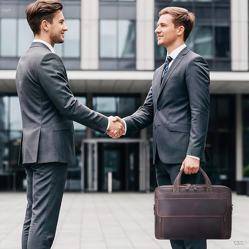 Masa Kawa Leather 15.6" & 17" Laptop Briefcase Men Business Messenger Bag | Full Grain Cowhide Business Travel Office Work Crossbody Shoulder Professional Attache Case for 2 Computers - color: Brown-fits 15.6" Laptop