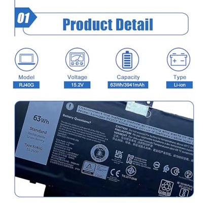 63Wh RJ40G 4-Cell Laptop Battery Compatible with Dell Latitude 14 5420 Latitude 15 5520 Precision 15 3560 Series Notebook P137G P137G001 P104F P104F001 0WK3F1 0M3KCN 005R42 15.2V 3941mAh - size: 9.74*3.87*0.24 inch RJ40G
