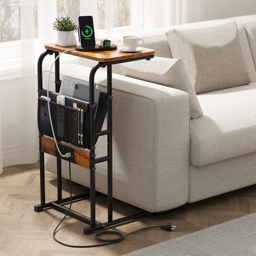 Olldide C-Shaped End Table with Charging Station and Storage Bag | Metal Frame Side Table for Living Room, Bedroom, Small Space | Under Couch Table Rustic Brown - color: Rustic Brown-1, size: 29in height