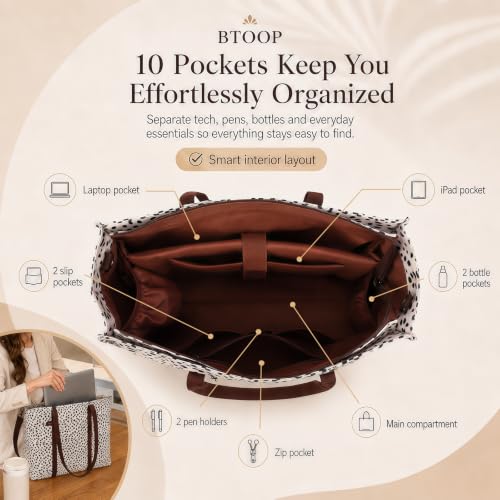 BTOOP Work Tote Bag for Women, Laptop Tote Bag With 15.6 Inch Padded Compartment, Teacher Nurse Bible Bags - color: A-leopard - Apricot-17.3''