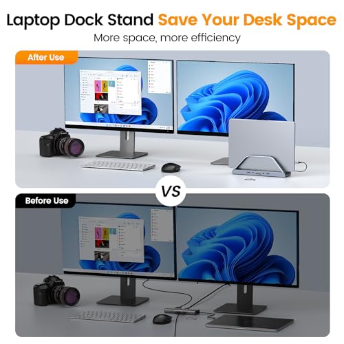 TobenONE 14-in-1 MacBook Pro Docking Station Dual 4K Monitor, Driver-Based | Aluminum Vertical Dock Stand for MacBook M1-M5/Neo, Dual 4K HDMI, VGA, 65W Adapter, 5Gbps USB, Space-Saving for Home & Office
