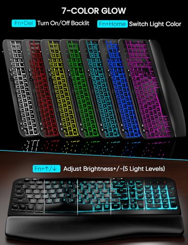 SABLUTE MA22 Pro Wireless Keyboard and Mouse Combo - Ergonomic Wave Keyboard with Soft Leather Wrist Rest, Phone Holder, Rechargeable, RGB Backlit Mouse, Full-Size Set for Windows/Mac/Computer - color: Black