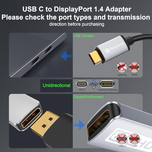 Unidirectional USB C to DisplayPort 1.4 Adapter 32.4Gbps, 4K@240hz, 8K@60hz, and HDR Support - Thunderbolt 3/4 to Display Port Compatible with iPad Pro, iPhone 16/15 Pro, MacBook Pro, XPS, Surface