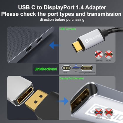 Unidirectional USB C to DisplayPort 1.4 Adapter 32.4Gbps, 4K@240hz, 8K@60hz, and HDR Support - Thunderbolt 3/4 to Display Port Compatible with iPad Pro, iPhone 16/15 Pro, MacBook Pro, XPS, Surface