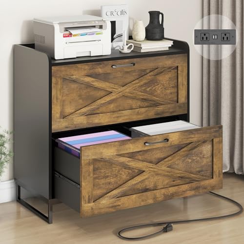 2 Drawer Lateral File Cabinet with Charging Station, Brown and Black | Filing Cabinet for Letter/Legal/A4 Size Hanging Files, Large Wood File Storage Cabinet Printer Stand - color: Rustic Brown and Black