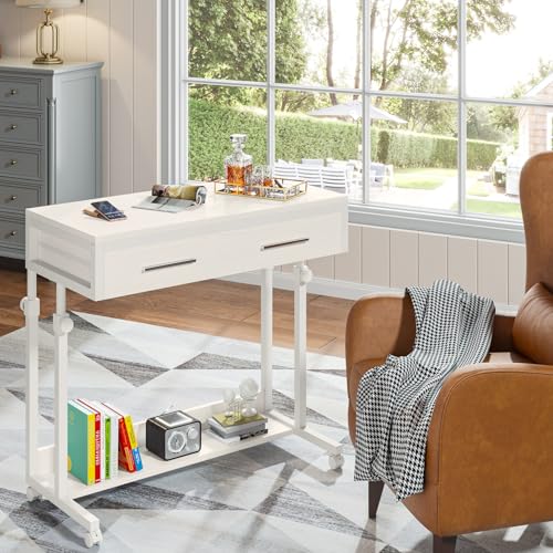 Tribesigns Portable Desk with Drawers, Mobile Laptop Desk with Wheels, Sofa Side Table Bed Desks, Small Standing Desk for Home Office (White) - color: White