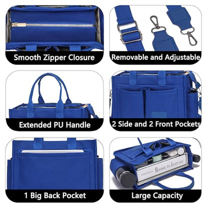 ZHMO Canvas Tote Bag for Women,Women's Bags Crossbody Bags Work Laptop Tote Bag Large Handbags Purse for Travel Nurse Teacher - color: New Upgrade Navy Blue With Compartments and Side Cup Holders