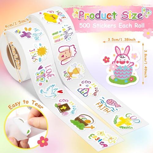 Haooryx Easter Graffiti Sticker Rolls - 1000Pcs Religious Drawn He is Risen Sticker Self Adhesive Vinyl Waterproof Water Bottle Laptop Easter Basket Stuffers Egg Filler Birthday Party Favor Supplies - style: Easter Religious Graffiti